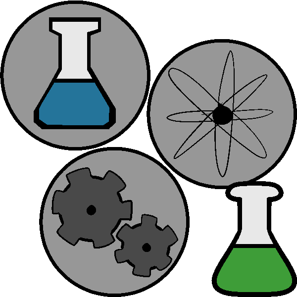 Three circles, one with a beaker with blue fluid, the other with a cartoon atom, and one with two gears locked together, with a green beaker in the corner.